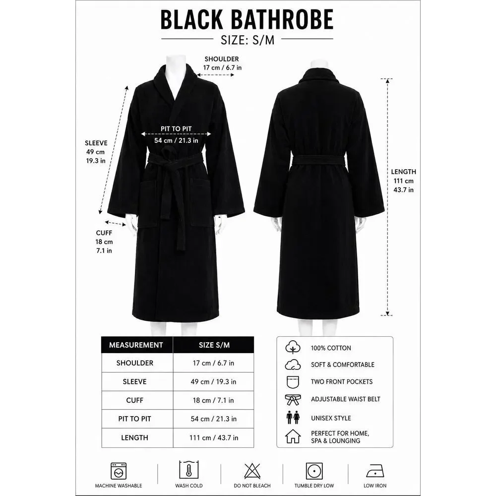 Black Bathrobe 100% Cotton Unisex Soft Spa Robe S/M Turkish Towel Belted Pockets